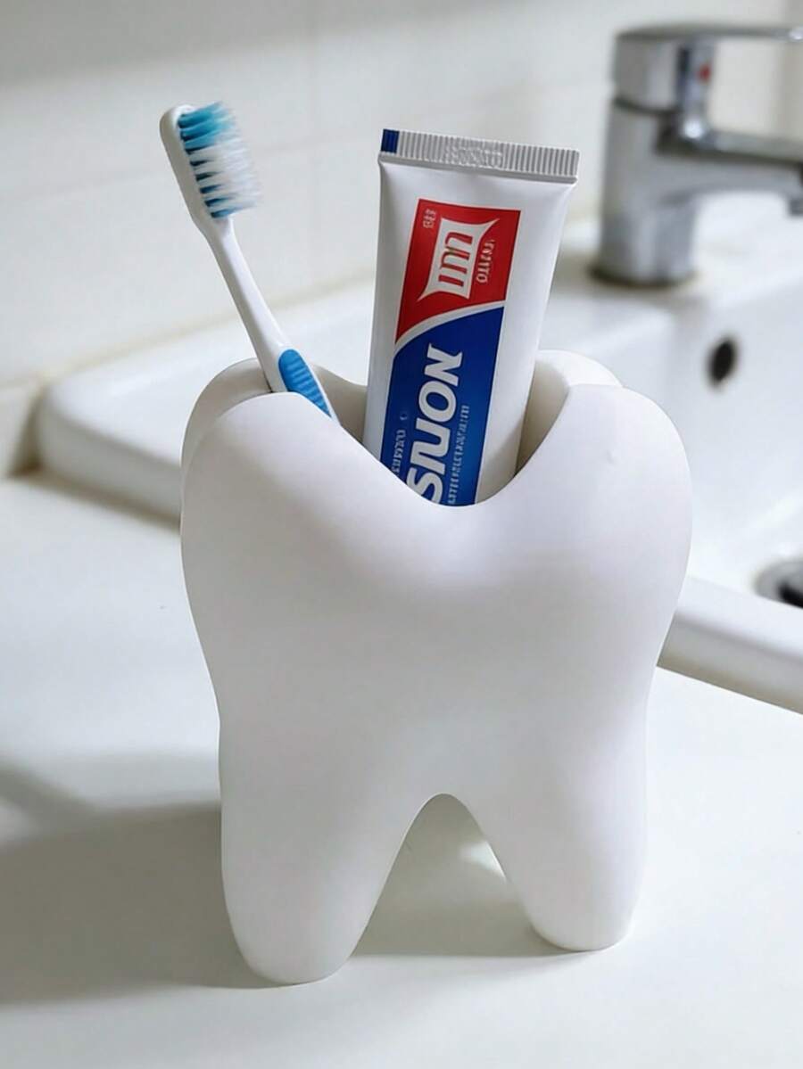 1 PC 3D-Printed Tooth-Shaped Toothbrush Holder, Bathroom Accessory, Toothpaste Holder, And Also A Tooth-Shaped Storage Rack For Desktop Use. A Pen Holder In The Shape Of Teeth, Suitable For Dental-Related Small Gifts, Home And Office Desk Storage