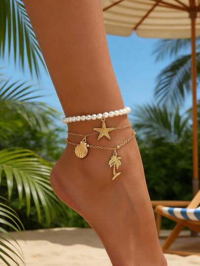 2件套夏季优雅百搭ABS仿珍珠锌合金棕榈树、海星、贝壳吊坠脚链，适合女性日常佩戴和海滩度假