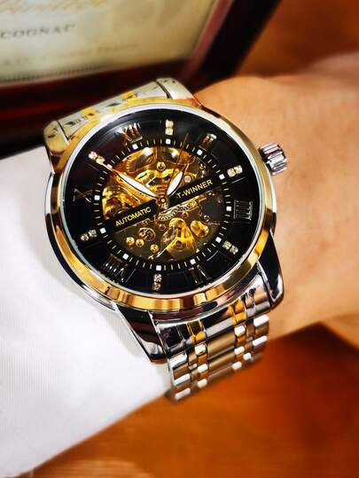T-WINNER 1pc Men's Classic Skeleton Mechanical Watch, Luminous Hands, Stainless Steel Strap, Business Stylish Men's Watch, Top Luxury Wristwatch