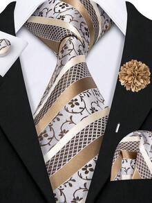 Bộ cà vạt nam màu nâu bạc trắng họa tiết Paisley sọc kèm khăn cài túi và khuy măng sét, cà vạt lịch lãm cho các dịp trang trọng. - Lạc đà - Xem 1
