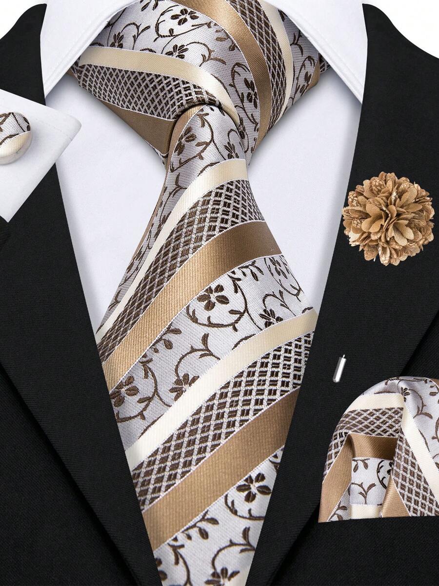 Bộ cà vạt nam màu nâu bạc trắng họa tiết Paisley sọc kèm khăn cài túi và khuy măng sét, cà vạt lịch lãm cho các dịp trang trọng. - Lạc đà - Xem 1