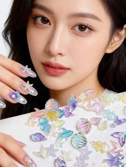 50Pcs 3D Ocean Series Creative Simulated Conch Shell Nail Charms,Resin Gradient Mermaid Dolphin Shell Starfish Nail Art Decoration,Colorful Translucent Jellyfish Ocean Series Resin Nail Art Accessories DIY