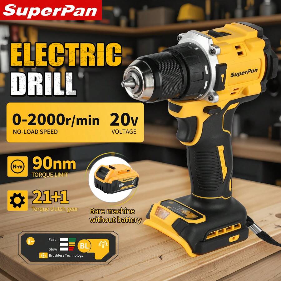 SuperPan SP805 Brushless Cordless Drill/Driver, Multifunctional Rechargeable Power Drill For Home Use, Industrial Grade Handheld Drilling & Screwdriving Tool, Bare Tool Version - Yellow - View 1