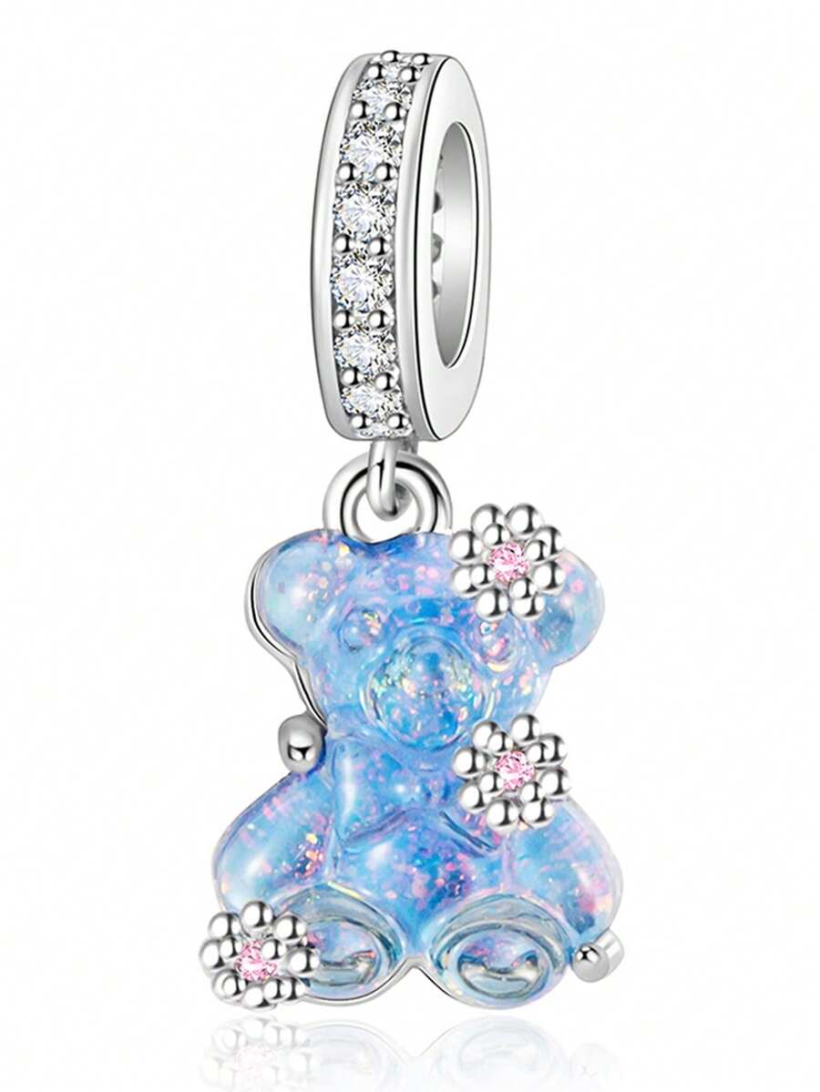 1 pieza Colgante con cuentas de oso azul iridiscente lindo y curativo, pulsera/collar de cobre versátil y creativo para uso diario, regalo - Plateado - Ver 1