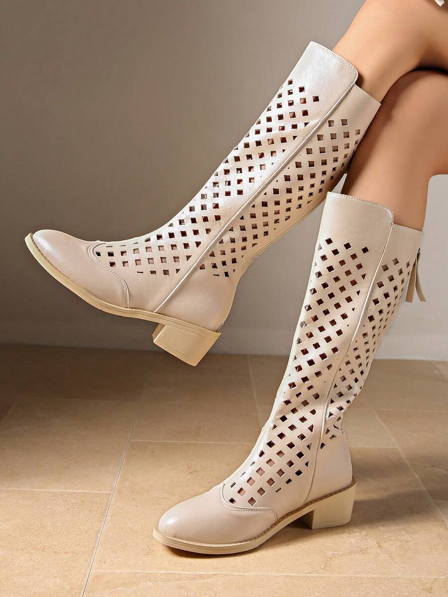 白色尖头粗跟过膝长靴，V 领设计显瘦，镂空网眼夏季西部牛仔女靴 - 米色 - 查看 1