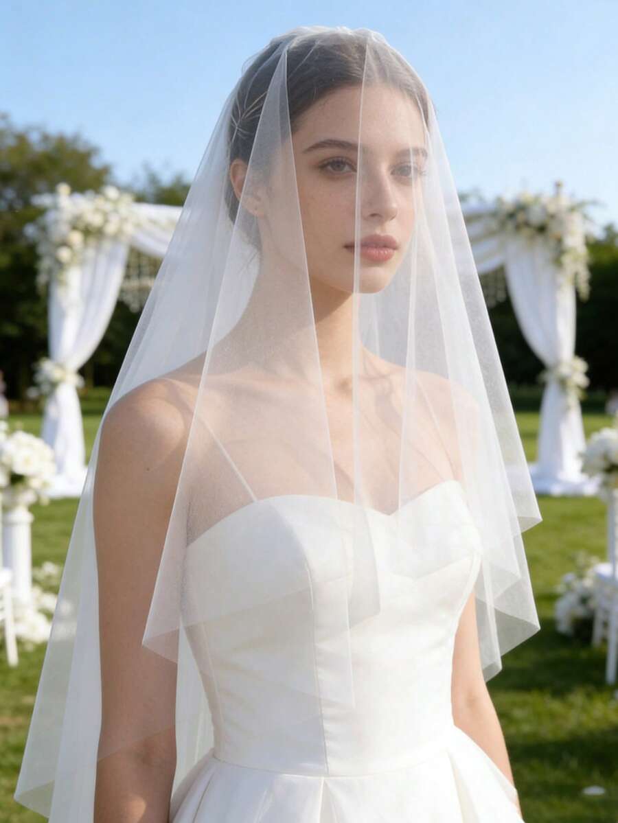 1件新娘婚纱头纱，1.5米单层简约风格新娘头纱，婚纱配饰 - 白色 - 查看 1