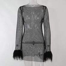 Light Luxury Socialite Style Sequin Dress With Half High Collar And Feather Cuffs, Creating An Atmosphere For The Annual Meeting And Dinner.Short Skirt - White - View 7