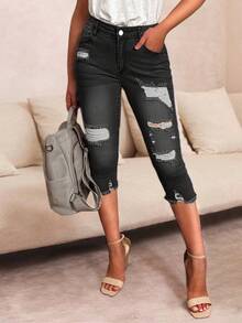 Quần jeans skinny dài đến bắp chân, rách nhẹ, phong cách thường ngày cho nữ, màu đen, thích hợp cho kỳ nghỉ xuân. - màu đen - Xem 4