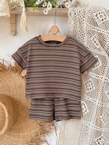 2 Stücke/Set Kleinkind Jungen/Mädchen Lässig braun gestreiftes Kurzarm T-Shirt und Shorts Set, Sommer - Braun - Übersicht 3