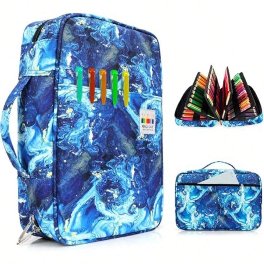 YOUSHARES Estuche para lapices 300 ranuras Estuche de tela Oxford con cierre guarda 300 lapices de colores o 200 boligrafos de gel para lapices Prismacolor y boligrafos de gel Azul Quicksand - Arenas movedizas Azul - Ver 1