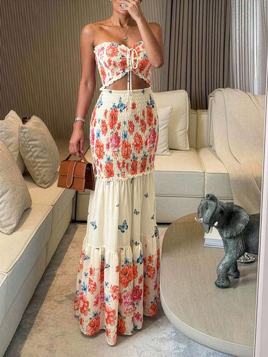 ChicMe Tropical Plant Print Maxi Tube Dress For Women, Waist Cinched Fishtail Ruffle Hem Elegant Summer Vacation Party Dress