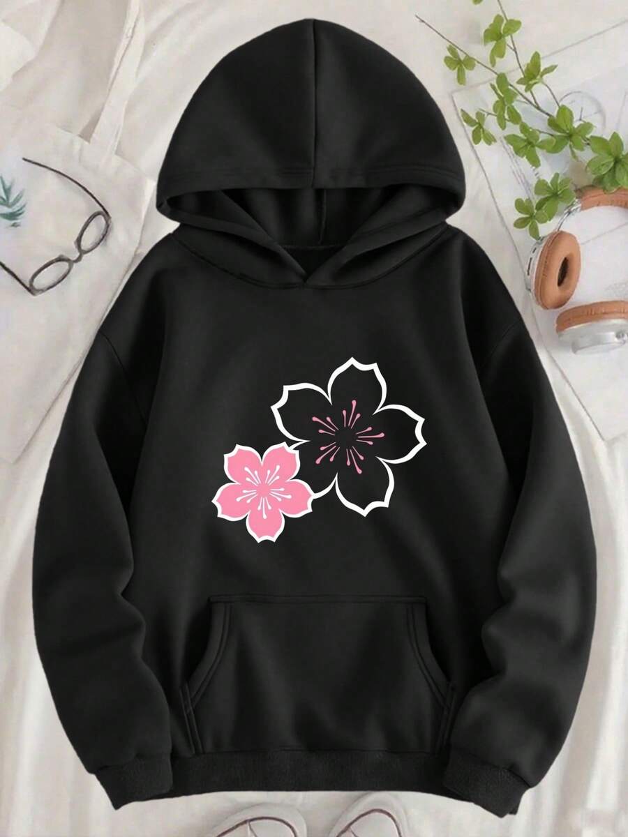 The Pink Floral Print On The Sweatshirt Features A Fresh And Natural Design. This Women's Hooded Sweatshirt With A  Pattern, Printed Letters, And-G112 - 黑色 - 查看 1