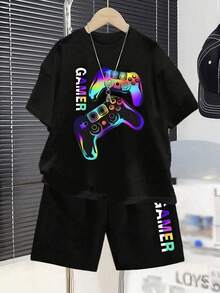 Kaos Lengan Pendek Leher Bulat Bergambar Video Game dan Celana Pendek untuk Pakaian Kasual Sehari-hari Anak Laki-Laki - Hitam - View 1