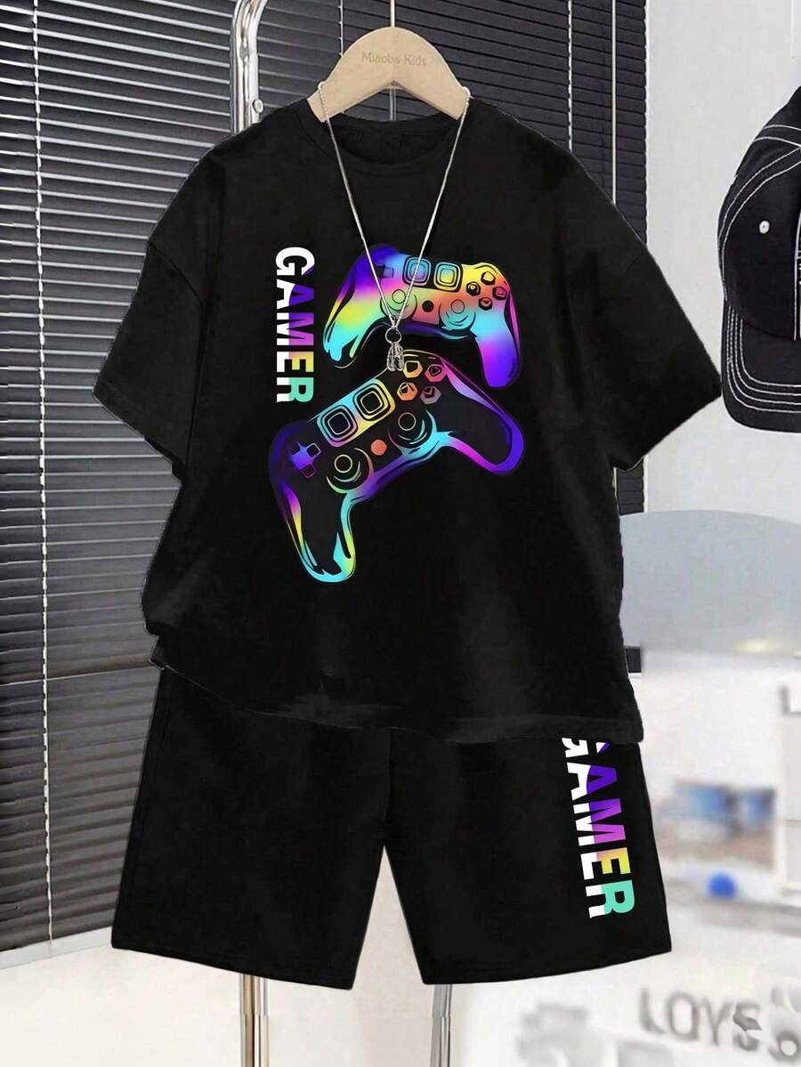Kaos Lengan Pendek Leher Bulat Bergambar Video Game dan Celana Pendek untuk Pakaian Kasual Sehari-hari Anak Laki-Laki - Hitam - View 1