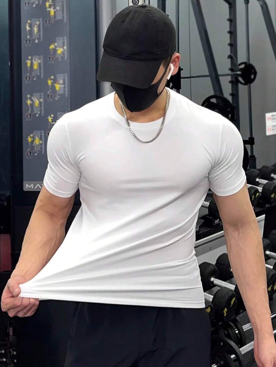 Men's Plain Short-Sleeve T-Shirt With Elastane, Viscose Lycra Knit - Pure White - View 1