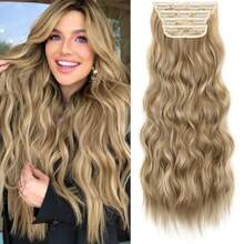 Clip in Synthetic Hair Extensions Long Wavy 4PCS Thick Hairpieces Light Brown mix Golden Blonde Fiber Double Weft Natural Hair Extensions 24 Inch for Women - Mezcla de castaño claro y rubio dorado - Ver 8