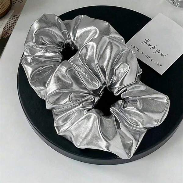 2pcs Y2K Metallic Silver Hair Scrunchies - Shiny PU Leather Ponytail Holders, Vintage Harajuku Style Hair Accessories For E-Girls & Streetwear Looks
