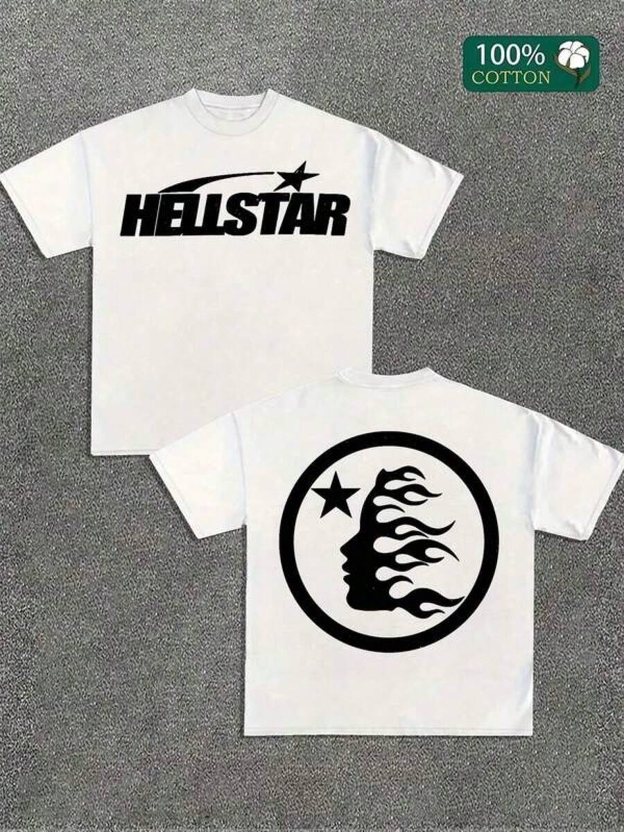 T Shirt Print ,Graphic-Cotton Tees Size Plus, Cartoon Round Neck Short Sleeve, (220 Cotton T-Shirt Double-Sided Printing) White 1pc Flame & Star Graphic T-Shirt, Y2K, Streetwear, Digital Print T - Shirt Casual Comfort Cotton Tee For Spring & Summer Fall Men's Clothing, Gift, Unisex ,Y2K,Oversized Shirt Men,With Shirt,Summer Tops,Shirt Suitable - 白色 - 查看 1