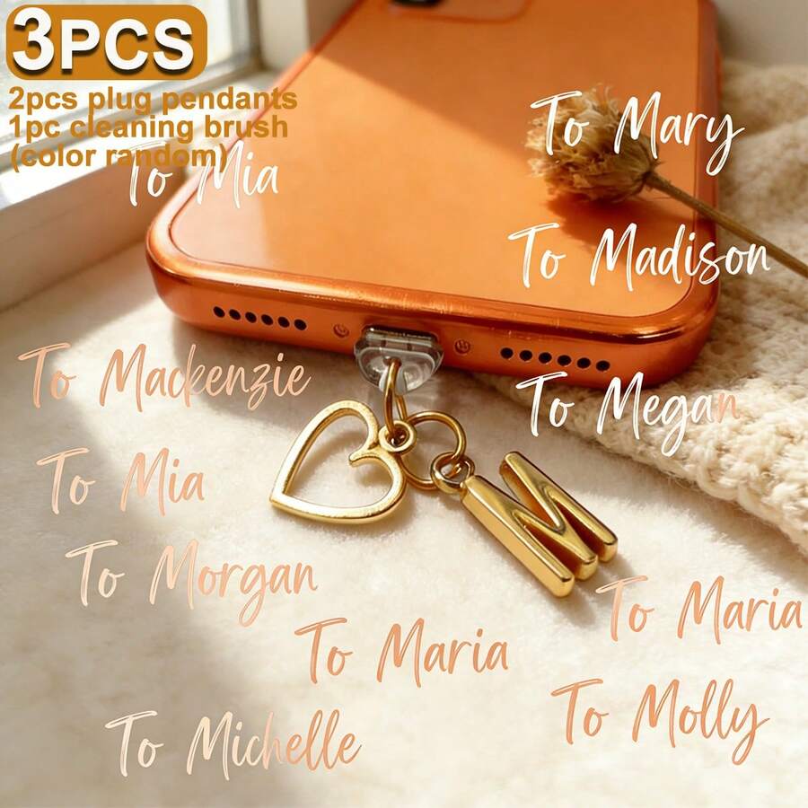 可爱三件套防尘塞爱心吊坠套装，包含2个Type-C USB-C防尘塞和1个清洁刷，防尘USB-C插头盖，适用于 17-15以及 14-5 Lightning接口。 - 彩色 - 查看 1