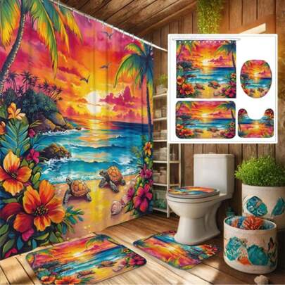 Bộ rèm tắm 1/3/4 món, họa tiết hoa dâm bụt, vỏ sò, rùa biển, cây nhiệt đới, đại dương, màu xanh dương, xanh lá cây, vàng, hồng, có thể giặt máy, dùng cho phòng tắm mùa hè, kèm 12 móc treo, thảm chống trượt, bọc bồn cầu, phụ kiện phòng tắm, bộ rèm tắm, trang trí nhà cửa, trang trí phòng tắm.
