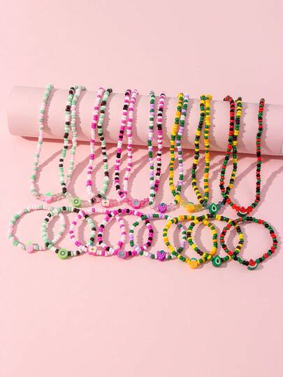 2件套可爱水果造型软陶串珠手链，适合女孩日常佩戴、生日派对，颜色随机发货