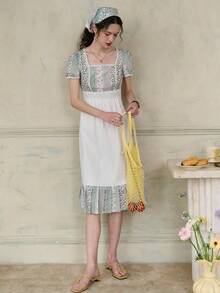 女士印花泡泡袖中长连衣裙，饰有蕾丝细节 - 綠色 - 查看 5