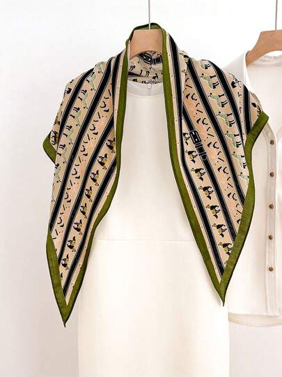 1pc Cute Pony Print Triangular Scarf, Multifunctional Women's Faux Cotton And Linen Feel Scarf Shawl, Suitable For Travel, Vacation, Casual, Commuting, Collar Decoration, Fashion Handbag Decoration