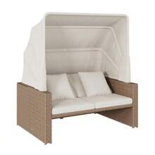Poly Rattan Garden Furniture For 2 To 4 People, Garden Sofa, Lounge Sofa, Adjustable Coffee Table, Removable Awning, PE Rattan And Foam, Khaki - Apricot - View 8