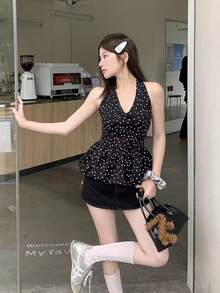 可爱黑色波点吊带背心，夏季设计褶皱修身露背上衣，女士款 - 黑色 - 查看 5