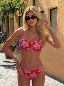 2 Pieces Red Star Print Bikini Set For Women, Backless With Adjustable Shoulder Straps, Ideal For Beach Vacations And Photo Shoots Summer - Multicolor - View 3