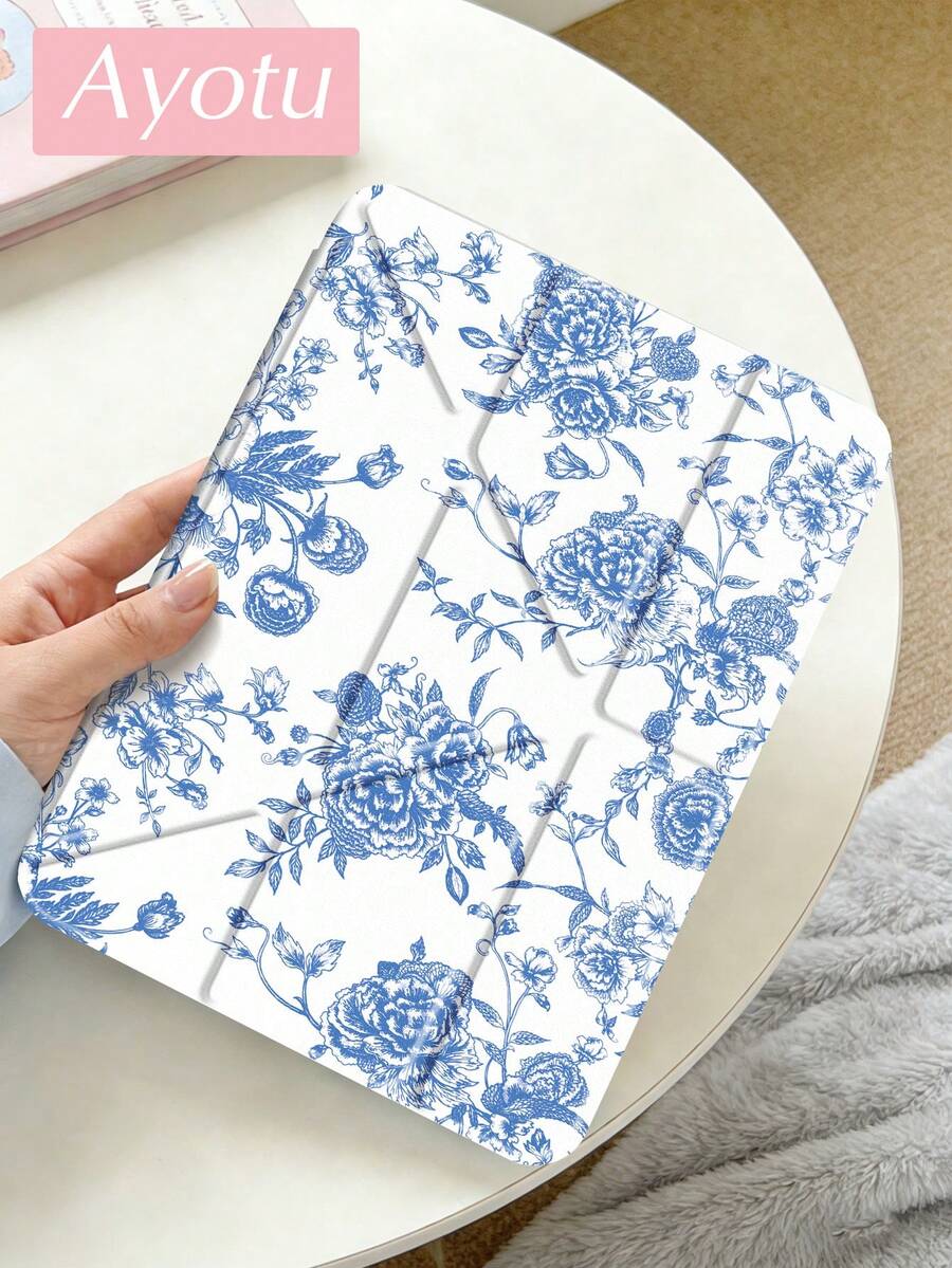 Ayotu 蓝色线条花朵图案保护套，适用于Y型支架翻盖保护套，兼容iPad A16、iPad Pro 13/12.9/11、iPad Air 11/13、iPad mini、iPad Air 11英寸、Kindle（第11代，2024年发布）、Kindle Paperwhite（第12代，2024年发布） - 彩色 - 查看 1