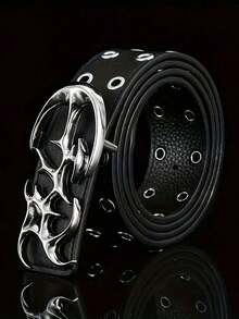 New Punk Style PU Leather Hollow Belt - A Unique Gift Or Accessory With A Vintage, Casual, Luxurious, And Asymmetrical Alloy Buckle. It's A Versatile Piece For Autumn And Winter, Suitable For Teenagers And Young Men. Ideal For Casual Wear, Outdoor Activities, Sports, Vacations, Graduation Gifts, Birthday Presents, And Everyday Use. - 黑色 - 查看 8