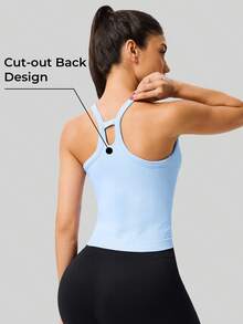 Women's Racerback Cropped Sports Tank Top, Breathable Ribbed Removable Padding Fitness Tank Top. - Light Blue - View 3