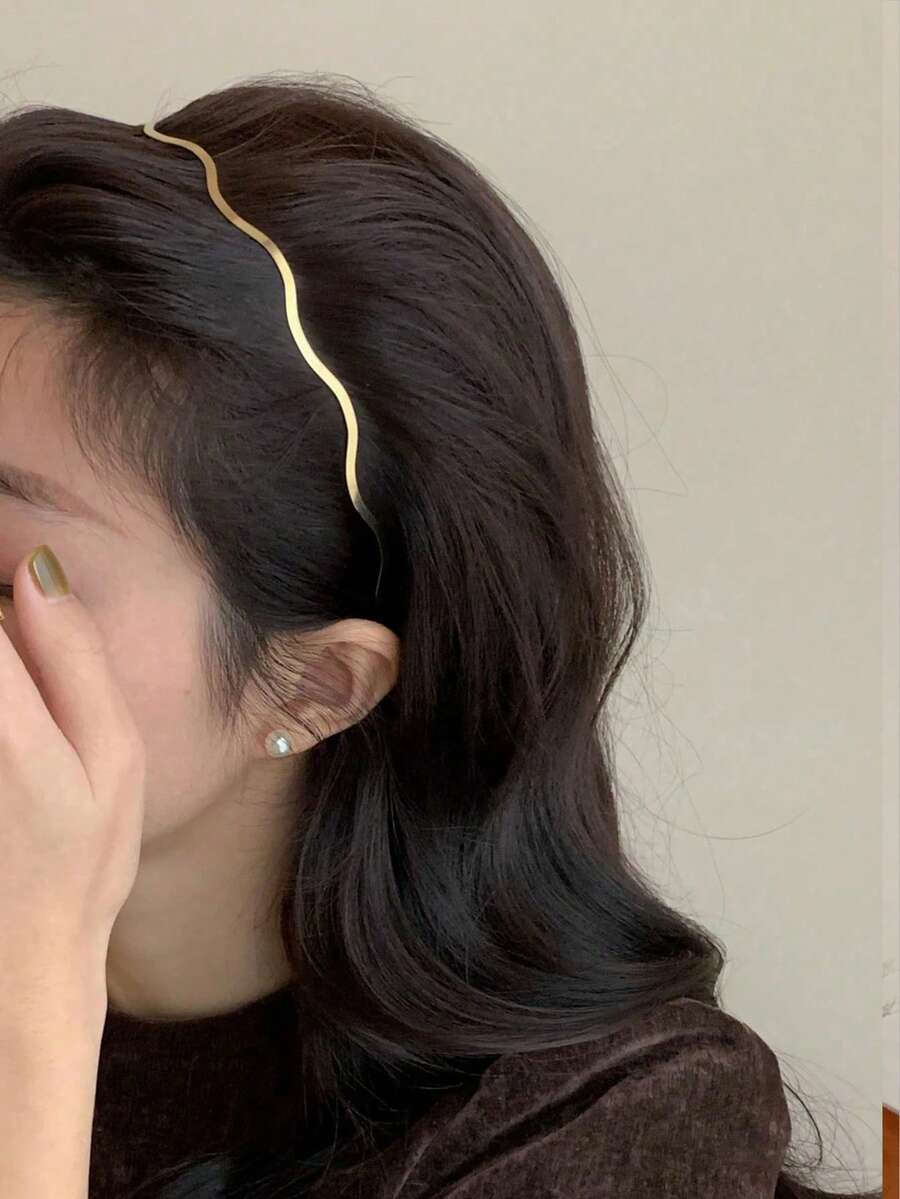 1件装时尚女士金色金属波浪发箍，弧形发带，几何细发箍，适合日常佩戴、派对、优雅头饰、金色头饰、发箍、发饰、节日、生日