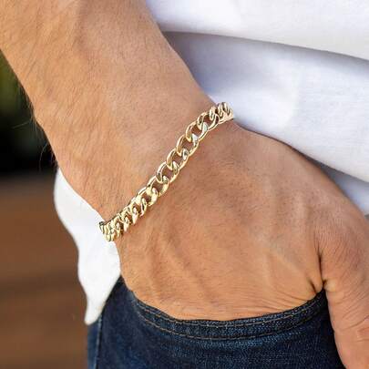 Men's Cuban Bracelet, Gold-Plated Miami Bracelet, Simple Basic Jewelry, Waterproof Stainless Steel Bracelet, Hip-Hop Bracelet, Father's Day Jewelry Gift.