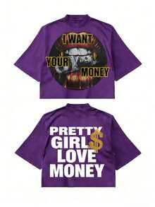 Fly "I Want Your Money" Hip-Hop Flow T-Shirt Pure Cotton Double-Sided Printed T-Shirt, Suitable For Men And Women,Top Pick Gift For Summer Casual Tees - 紫色 - 查看 1
