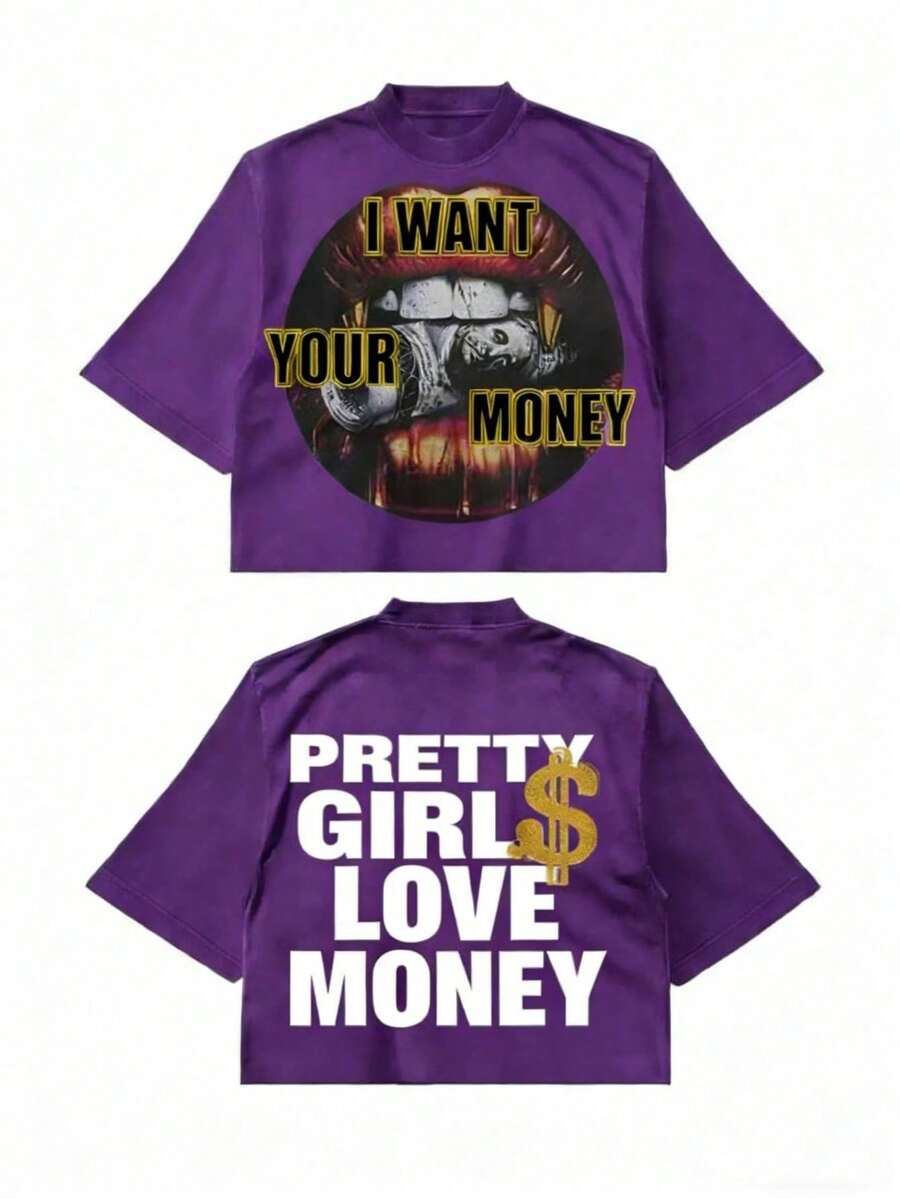Fly "I Want Your Money" Hip-Hop Flow T-Shirt Pure Cotton Double-Sided Printed T-Shirt, Suitable For Men And Women,Top Pick Gift For Summer Casual Tees - 紫色 - 查看 1
