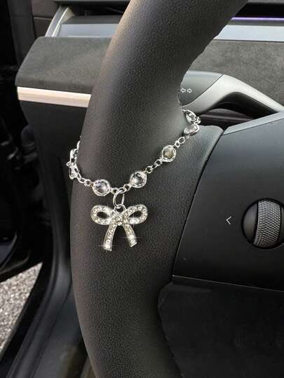 1pc Shiny Diamond Bow Cross Pendant Silver Chain Car Steering Wheel Decor, Luxury Crystal Chain Car Steering Wheel Decoration