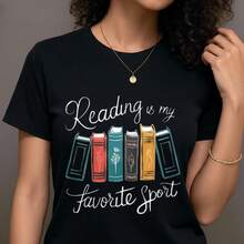 Camiseta gráfica para mujer 'La lectura es mi favorita' - Camiseta casual de manga corta, negra con diseño de libro colorido, suave y cómoda, perfecta para uso casual, camiseta con temática de libros- 1pcs, 180Gsm, 100% Cotton - Negro - Ver 6