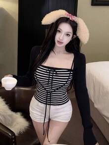 两件套：性感系带露脐吊带背心和长袖条纹开衫，适合新年、外出、通勤、约会等场合，春季黑色 - 黑色 - 查看 4