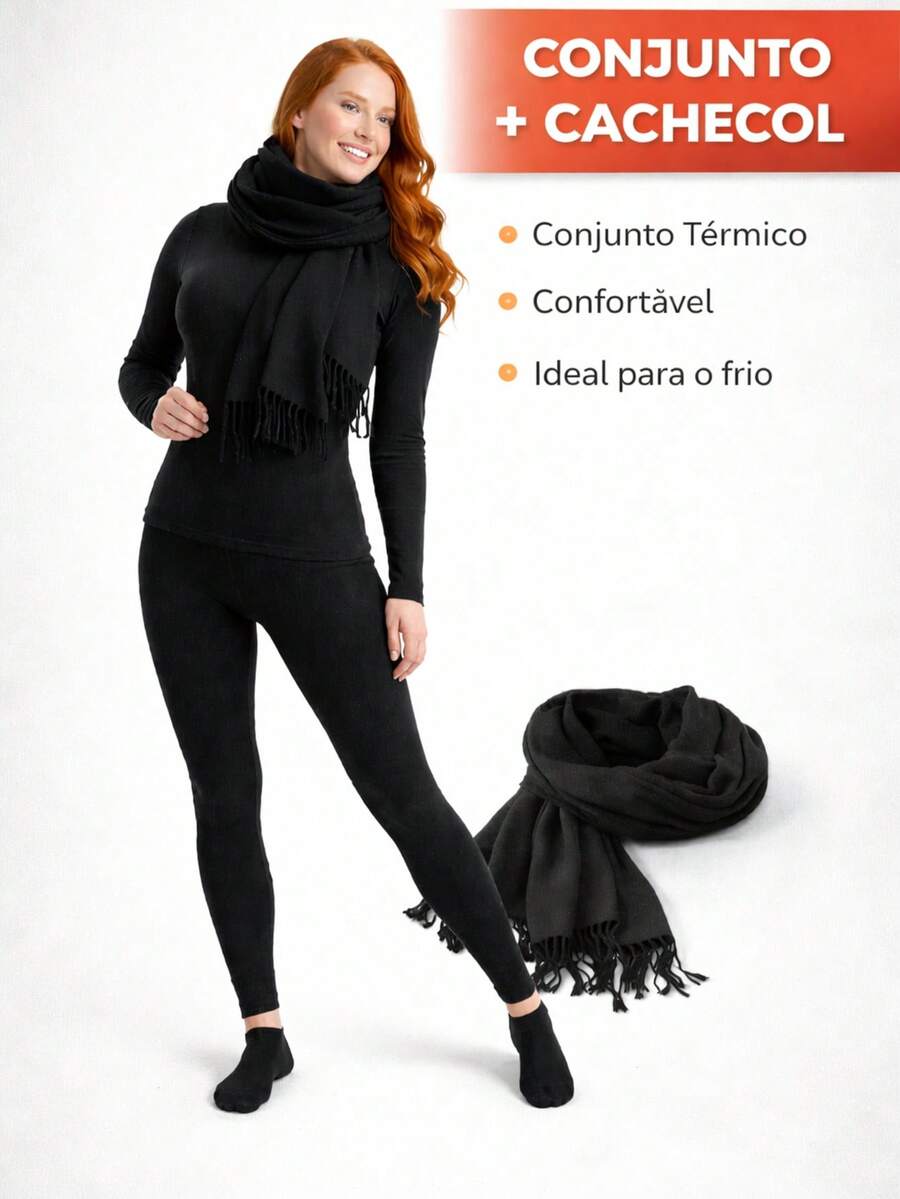 Women's Warm Thermal Blouse And Thermal Tights Set For Cold Weather - màu đen - Xem 1