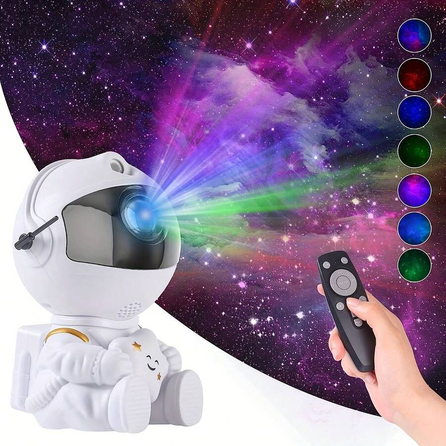Proyector de estrellas LED con astronauta abrazando la luna para luz nocturna de galaxia con 8 modos, control remoto y rotación de 360°. Alimentado por USB para decoración de dormitorio, sala de juegos y cine en casa. Perfecto para Navidad y Halloween. - Estrella - Ver 1