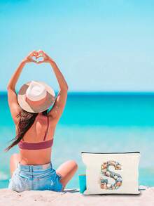Bolsa de maquillaje impresa con diseño de estrella de mar, concha y elementos oceánicos, con letras del alfabeto A-Z. Bolsa de almacenamiento con estampado de letras de moda, bolsa de cosméticos para almacenamiento de artículos pequeños, bolsa de almacenamiento, bolsa de maquillaje, bolsa de aseo, bolsa de almacenamiento plegable ligera, bolsa de embrague como regalo para maestros, almacenamiento para enfermeras, médicos, maestros, adecuada para el almacenamiento de cosméticos de viaje personal, esencial para vacaciones en la playa, campamento, vacaciones, regalo del Día de la Madre - Multicolor - Ver 8