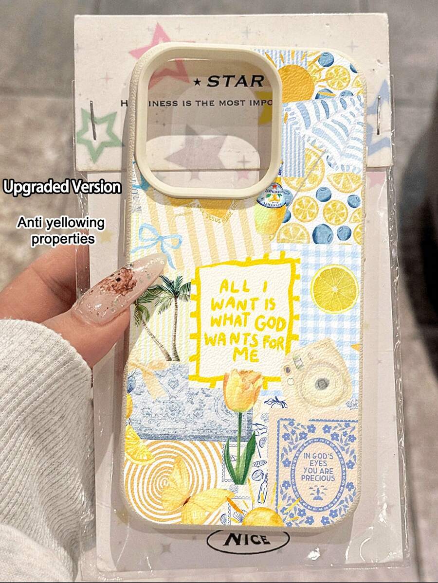 1pc Fashionable Lemon Element Striped Wine Glass Pattern Litchi Texture Anti-Drop Anti-Slip Soft Phone Case Compatible With Apple, Phones,International Version, Not The Domestic Version - Multicolor - View 1