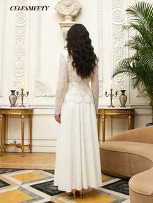 Elegant Apricot Sequin Embroidered Long Sleeve Shiny Dress With Chiffon Hem, Suitable For Weddings, Parties, Anniversaries - Apricot - View 2