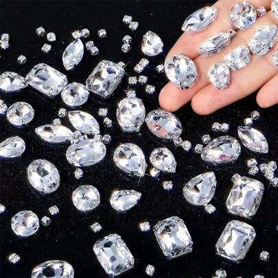 100 piezas de cristales de imitación de forma mixta con garras plateadas cosidos a mano, perforados con rhinestones para coser en joyería, manualidades, ropa, zapatos, prendas y accesorios, cristal blanco