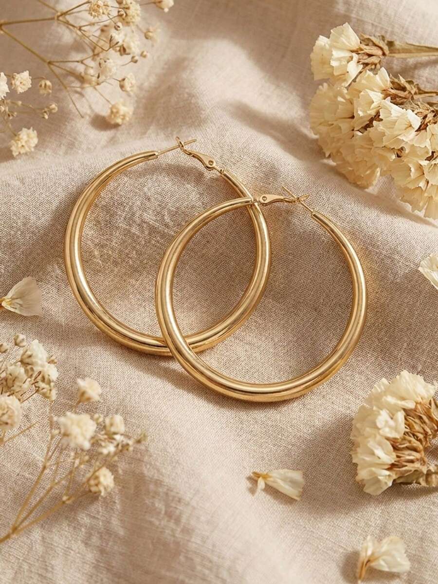 1 Đôi bông tai vòng tròn lớn, đơn giản, thanh lịch, kiểu dáng Châu Âu & Mỹ, mạ vàng, phụ kiện cao cấp phù hợp cho phụ nữ đi làm hàng ngày, dự tiệc lễ hội, thoải mái và đa năng. - Vàng - Xem 1