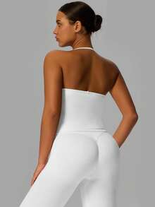 Yefecy New Impact Sports Yoga Tank Top, Women Fitness Yoga Shirt, Sports Wear, Backless Pleated Built-In Bra Cup Top White Spring - 白色 - 查看 2