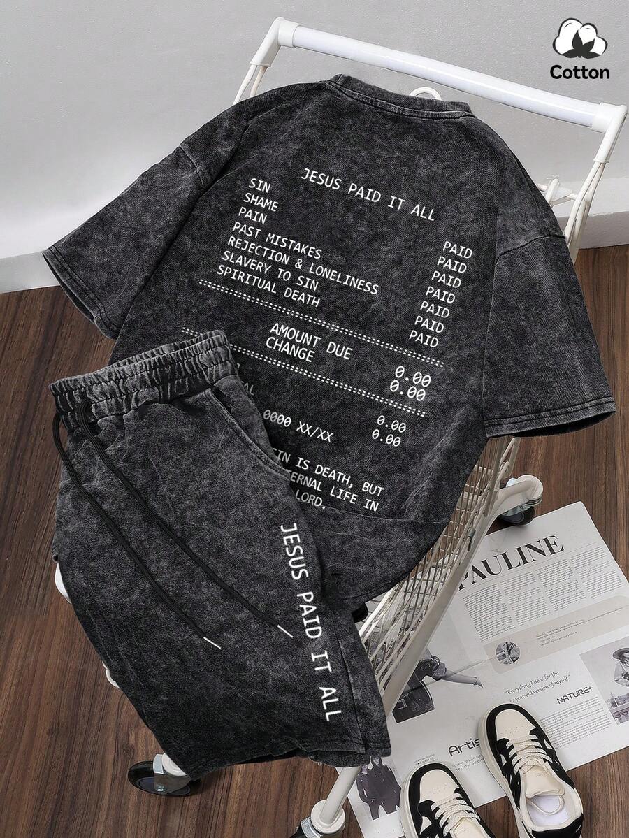 Hemo, Men's Street Style Graphic T-Shirt And Shorts Set, Stretchy Washed Black Casual Daily 2-Piece Outfit, Summer - Black - View 1