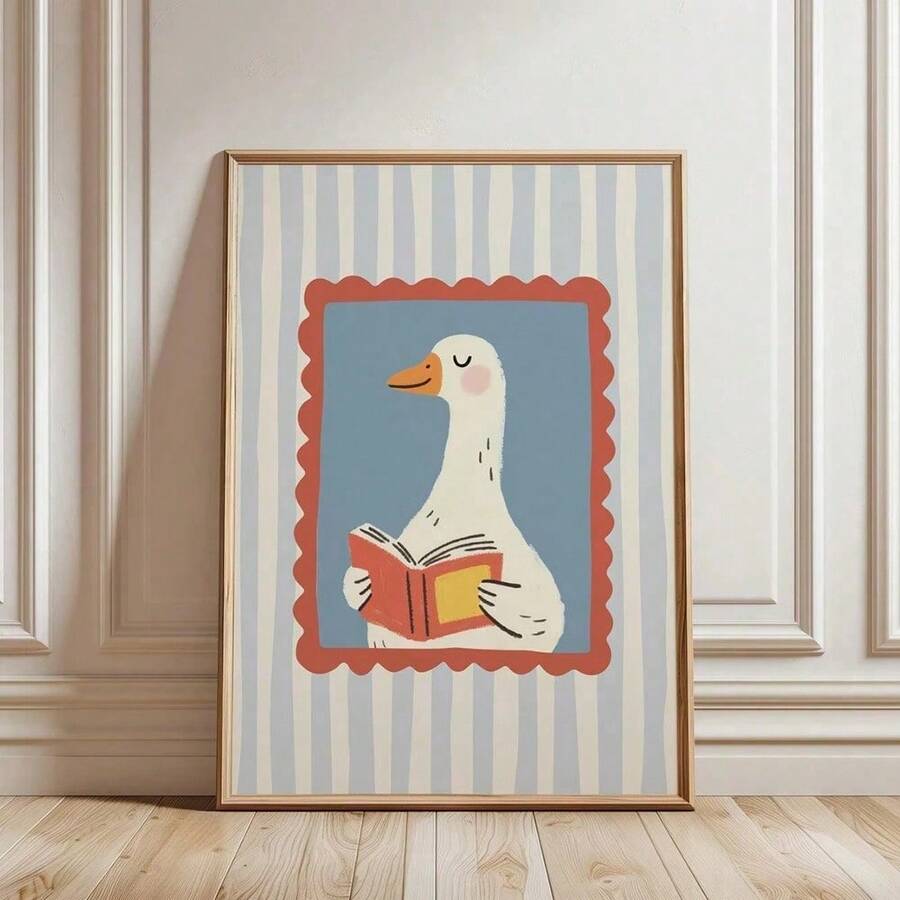 1pc Silly Goose Reading Book Nursery Canvas Wall Art,Baby Room Decoration, Poster Blue Cute Funny Animal Boho Wall Art Print Minimalist Kids Posters For Room, Nursery Decor, Room Decor Painting For Playroom,Living Room,Bedroom,Modern Home Decoration, Home Decor,Room Decor Aesthetic, Wall Decor, Bedroom Decor,Optional Frame. - Multicolor - View 1